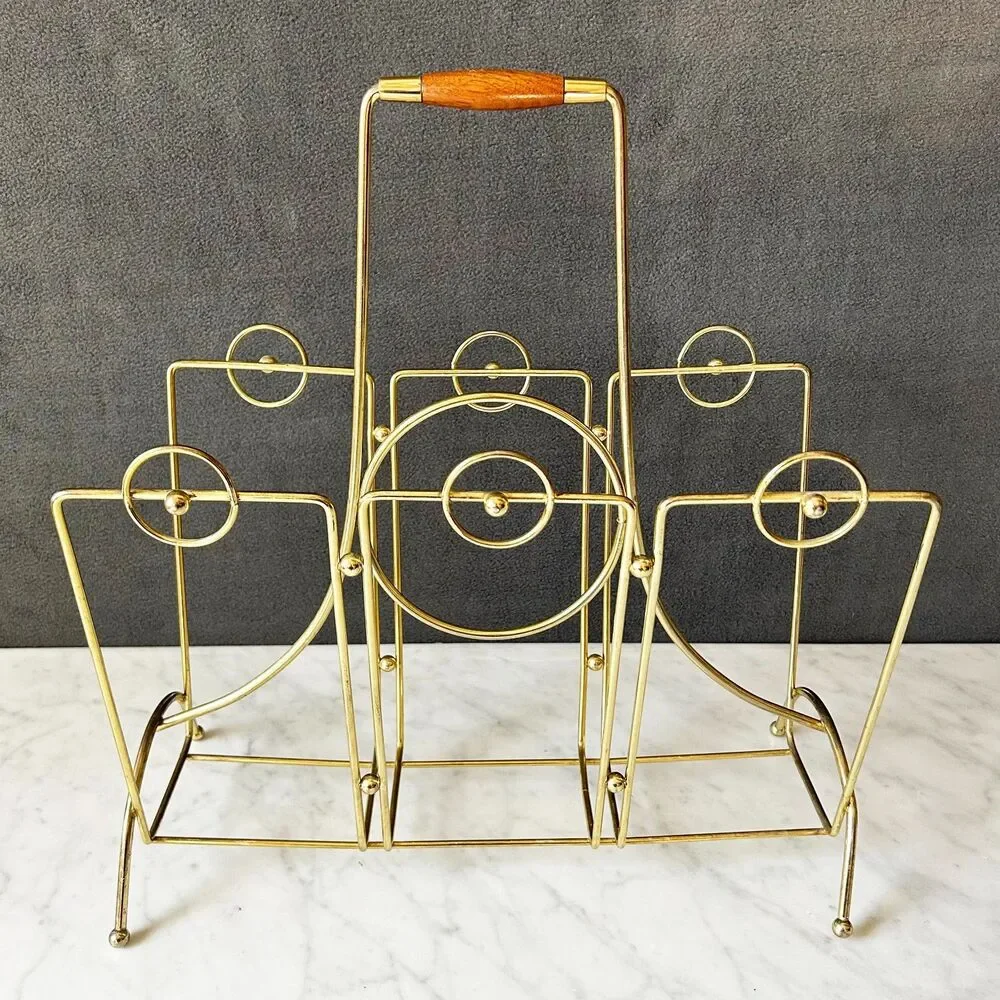 Mid Century Modern Brass Magazine Rack Wood Handle Atomic Geometric Vintage